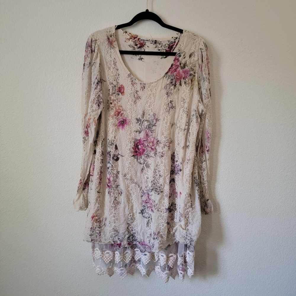 Floral Lace Long Sleeve Dress - Cream with Pink Accents